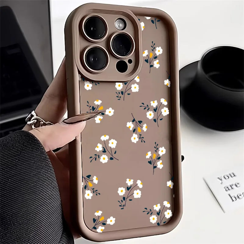 Liquid Silicone Cases For iPhone 16 Pro Case iPhone 16e 15 13 11 12 13 Pro Max 14 Plus XR 17 Air White Floral Shockproof Cover